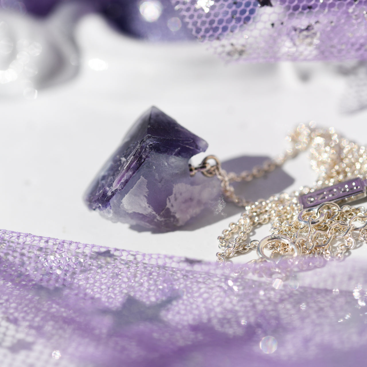 Fluorite Raw Stone Sterling Silver Necklace — handmade natural mineral jewelry by TROZO, made in Japan (view 10)