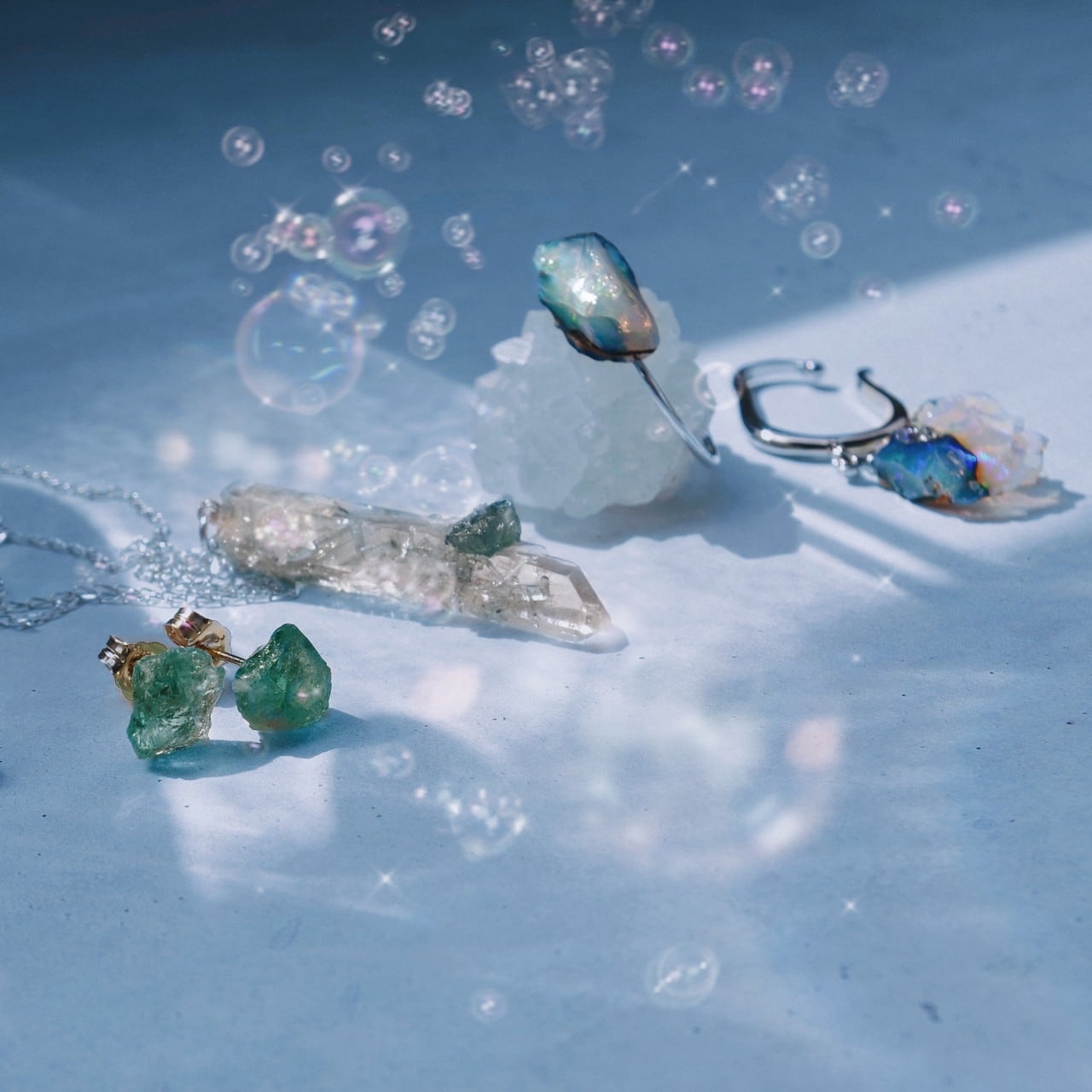 Emerald Raw Stone 14KGF Earrings - One of a Kind — handmade natural mineral jewelry by TROZO, made in Japan (view 6)