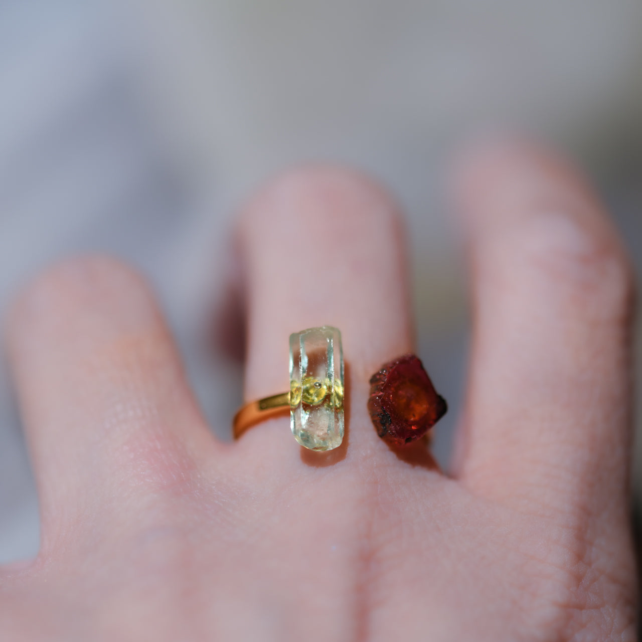 Emerald x Tourmaline Raw Stone Ring - One of a Kind - handmade natural mineral jewelry by TROZO, made in Japan (view 4)