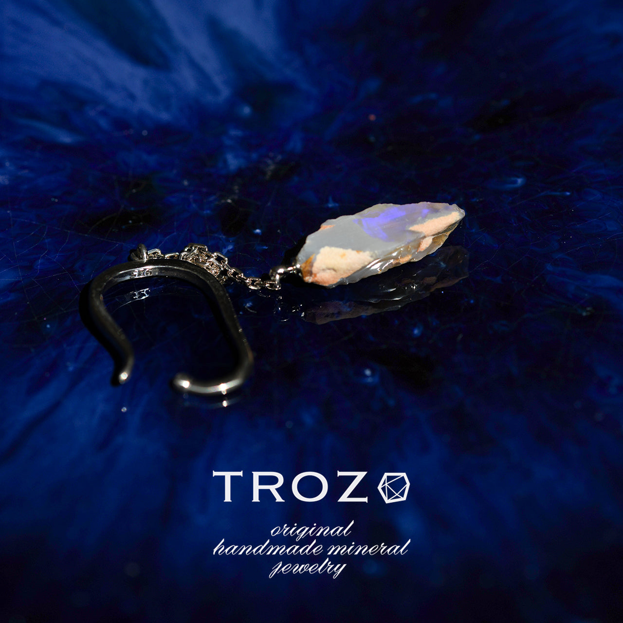 Black Opal Raw Stone Ear Cuff - One of a Kind - handmade natural mineral jewelry by TROZO, made in Japan (view 1)