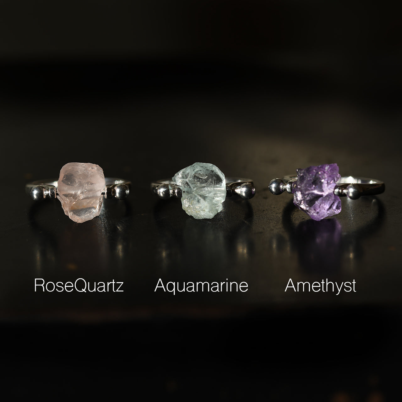 Pierced raw stone ring in 925 sterling silver — handmade natural mineral jewelry by TROZO, made in Japan