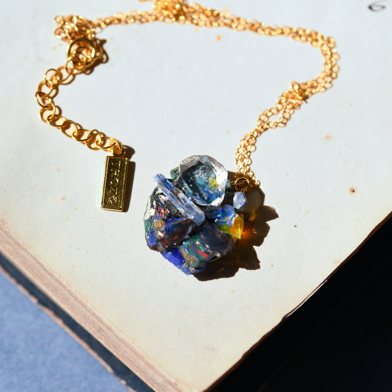 Oil-in-Quartz x Kyanite x Opal x Roman Glass x Lapis Lazuli Raw Stone 14KGF Necklace - One of a Kind - handmade natural mineral jewelry by TROZO, made in Japan (view 8)