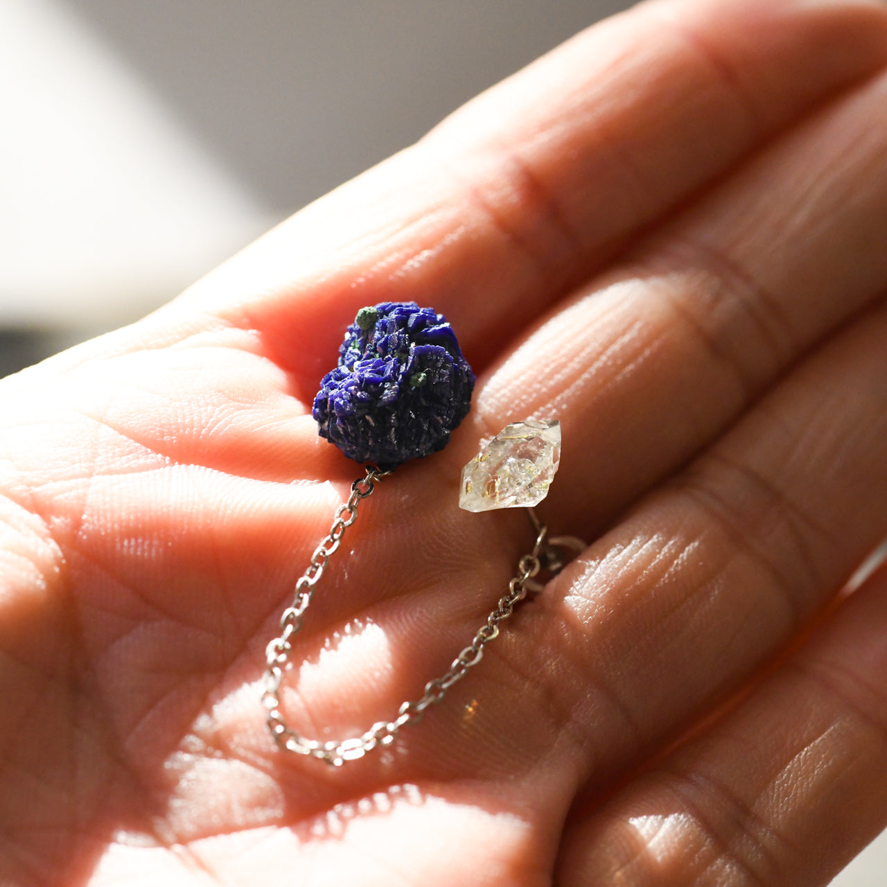 Oil-in-Quartz x Azurite Raw Stone Ear Cuff & Earrings - One of a Kind - handmade natural mineral jewelry by TROZO, made in Japan (view 6)