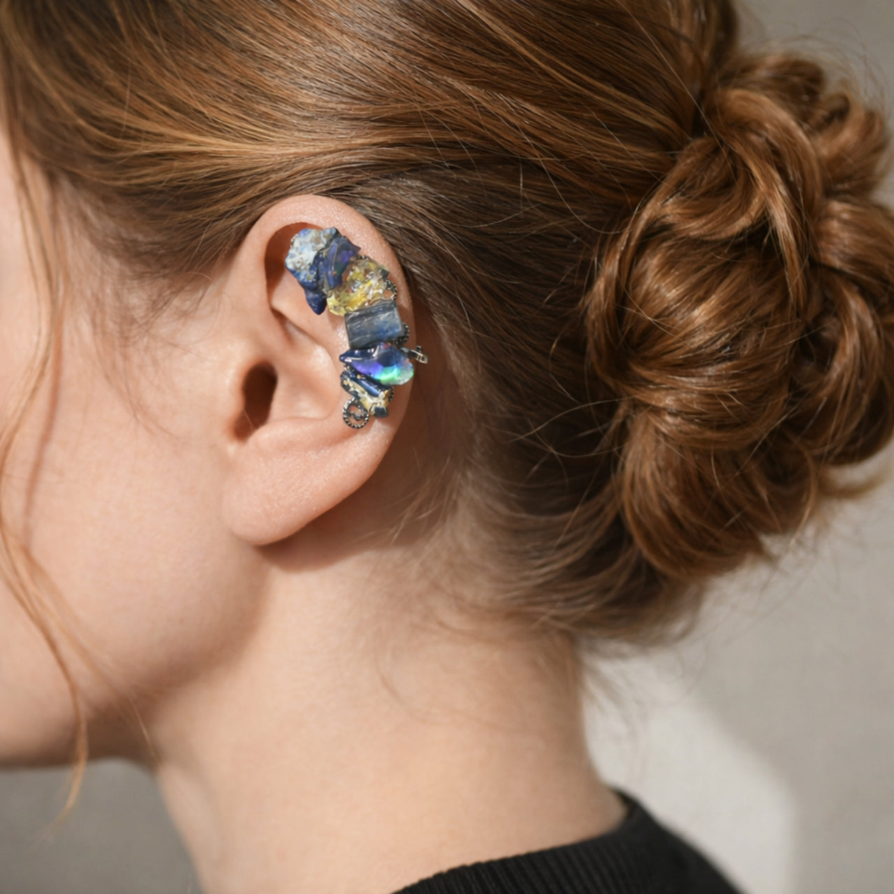 Oil-in-Quartz x Kyanite x Lapis Lazuli x Opal x Roman Glass Raw Stone Ear Cuff - One of a Kind - handmade natural mineral jewelry by TROZO, made in Japan (view 7)