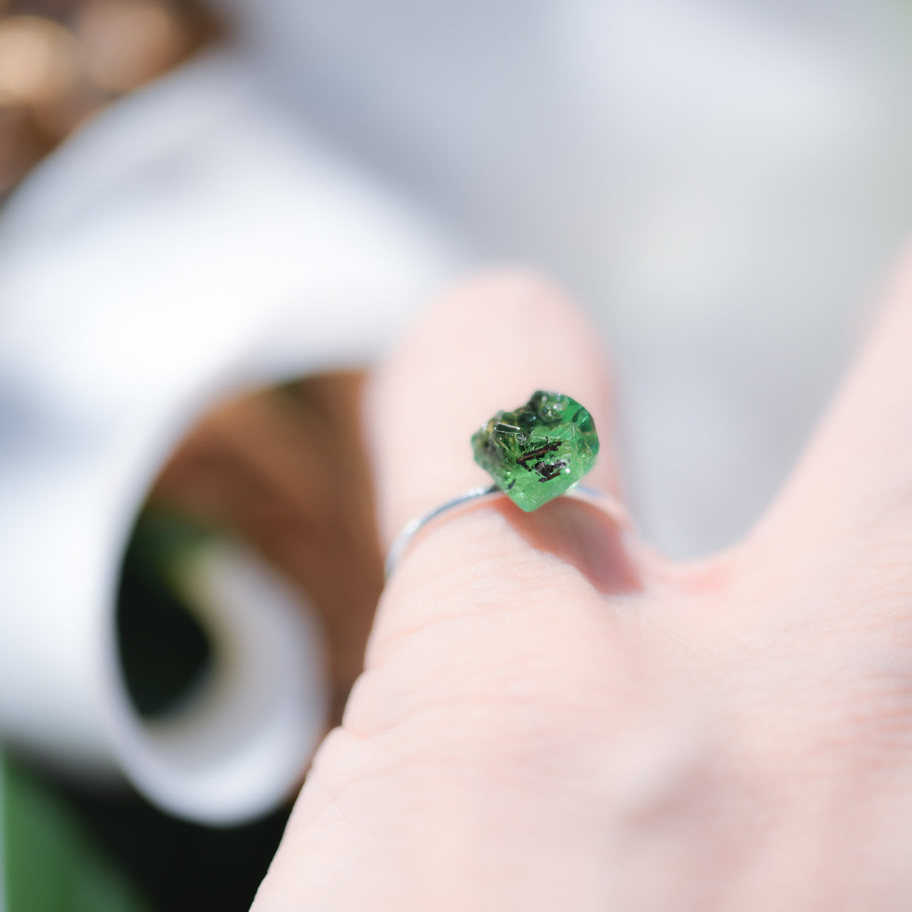 [One of a kind] Tsavorite (Green Garnet) Raw Stone Pinky Ring | Handmade Natural Stone Jewelry [Fairy Tale Collection]