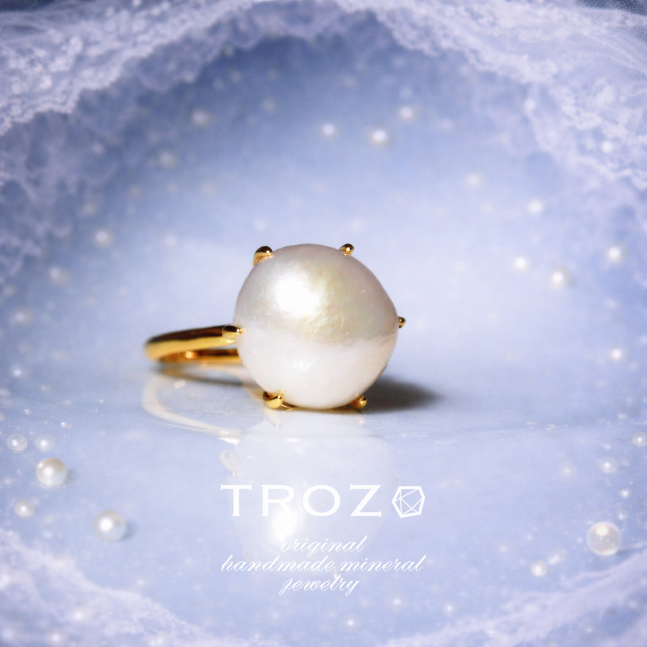 Pearl Raw Stone Ring - One of a Kind - handmade natural mineral jewelry by TROZO, made in Japan (view 1)