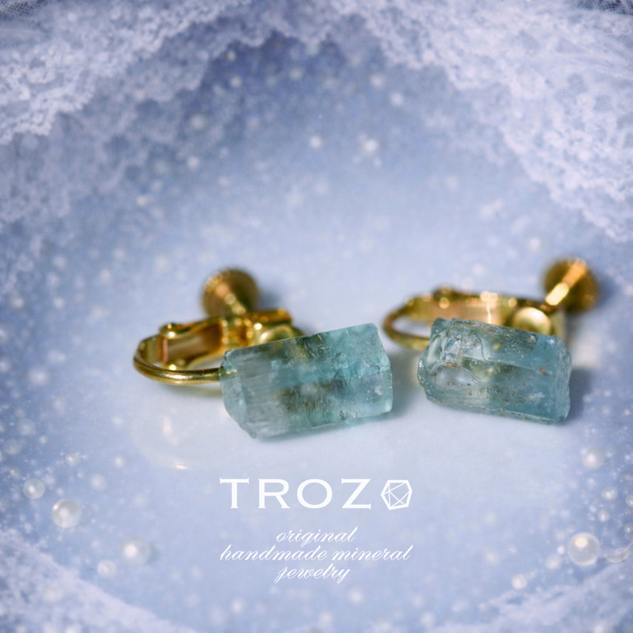 Aquamarine Raw Stone Clip-On Earrings - One of a Kind - handmade natural mineral jewelry by TROZO, made in Japan (view 1)