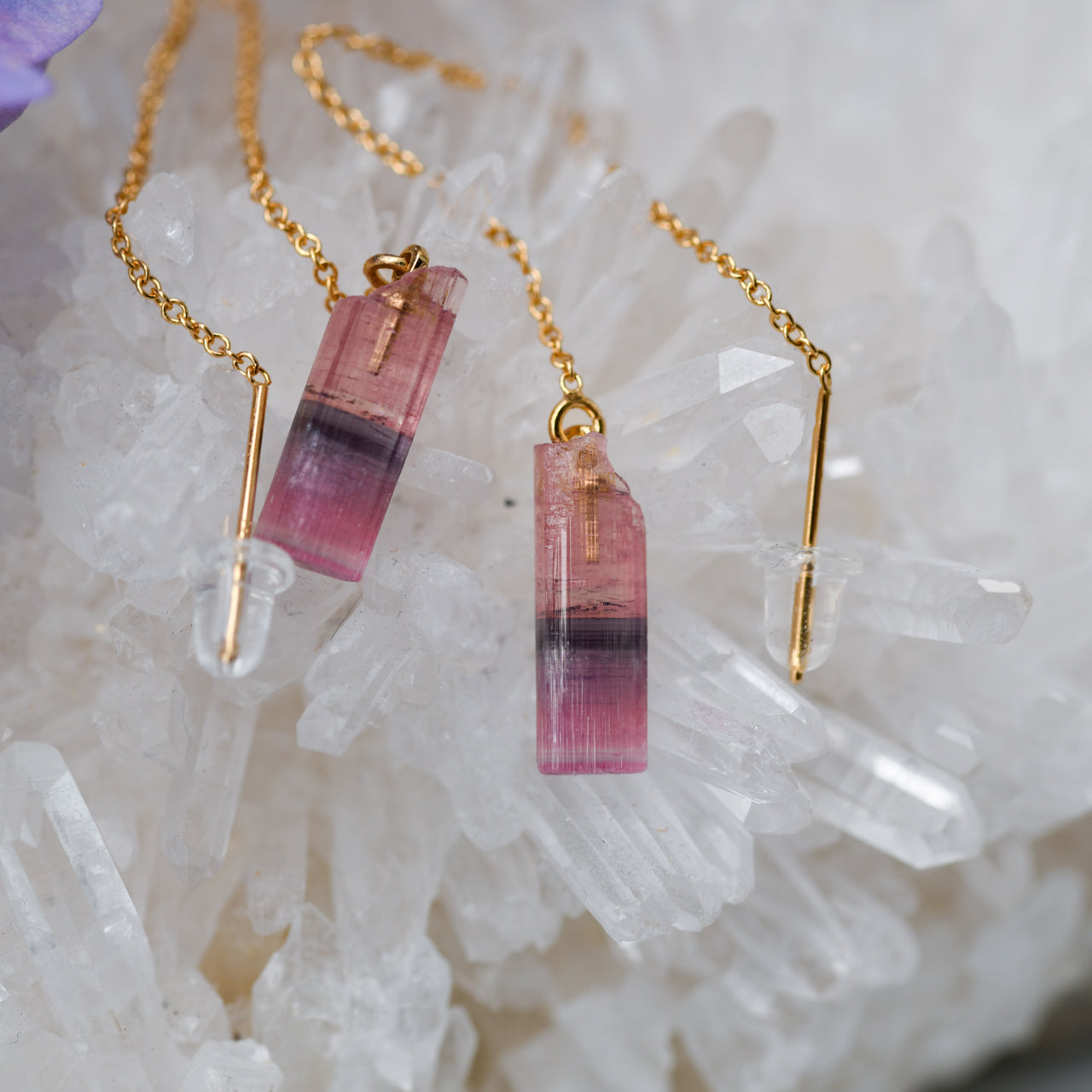 Tourmaline Raw Stone 14KGF Earrings - One of a Kind - handmade natural mineral jewelry by TROZO, made in Japan (view 4)