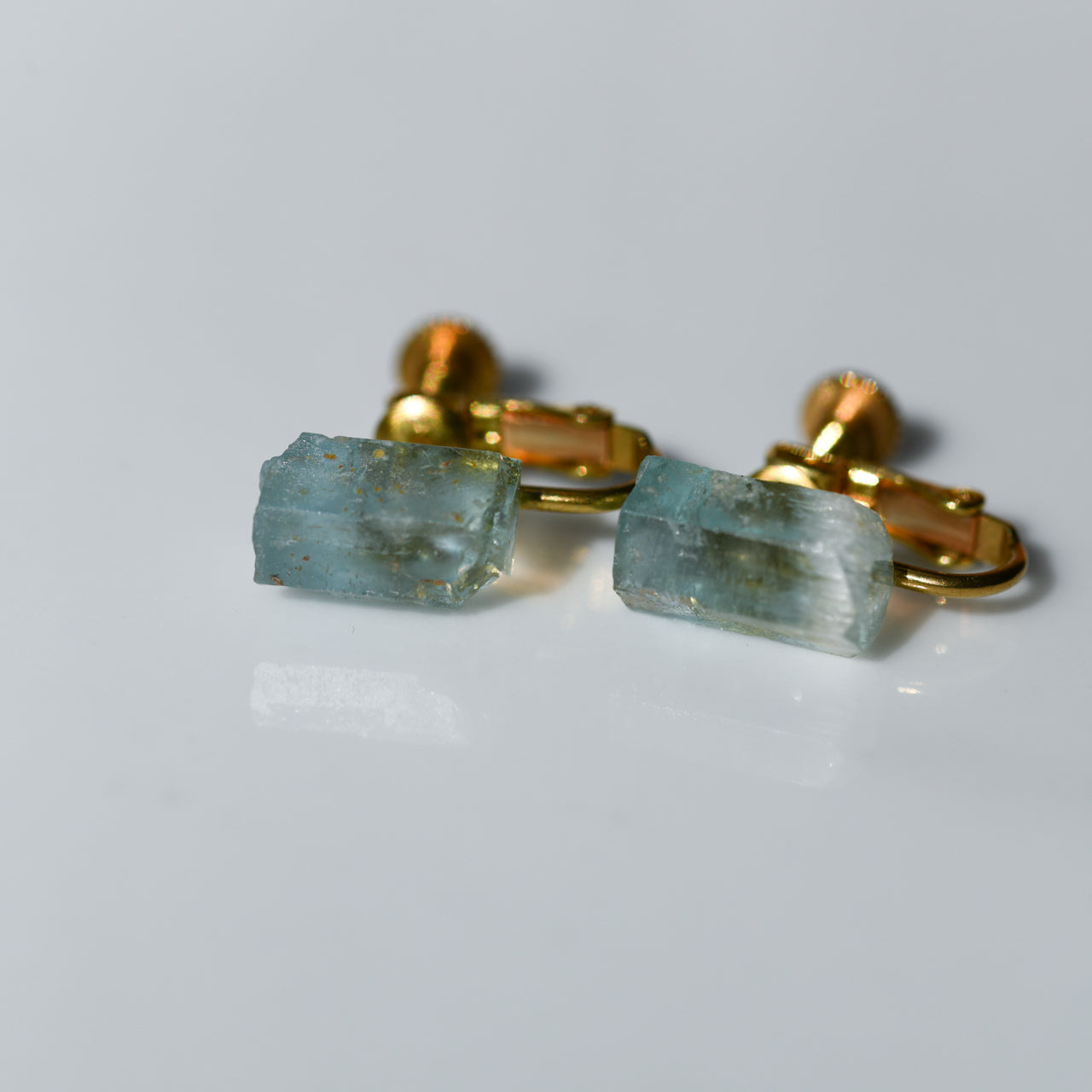 Aquamarine Raw Stone Clip-On Earrings - One of a Kind - handmade natural mineral jewelry by TROZO, made in Japan (view 2)