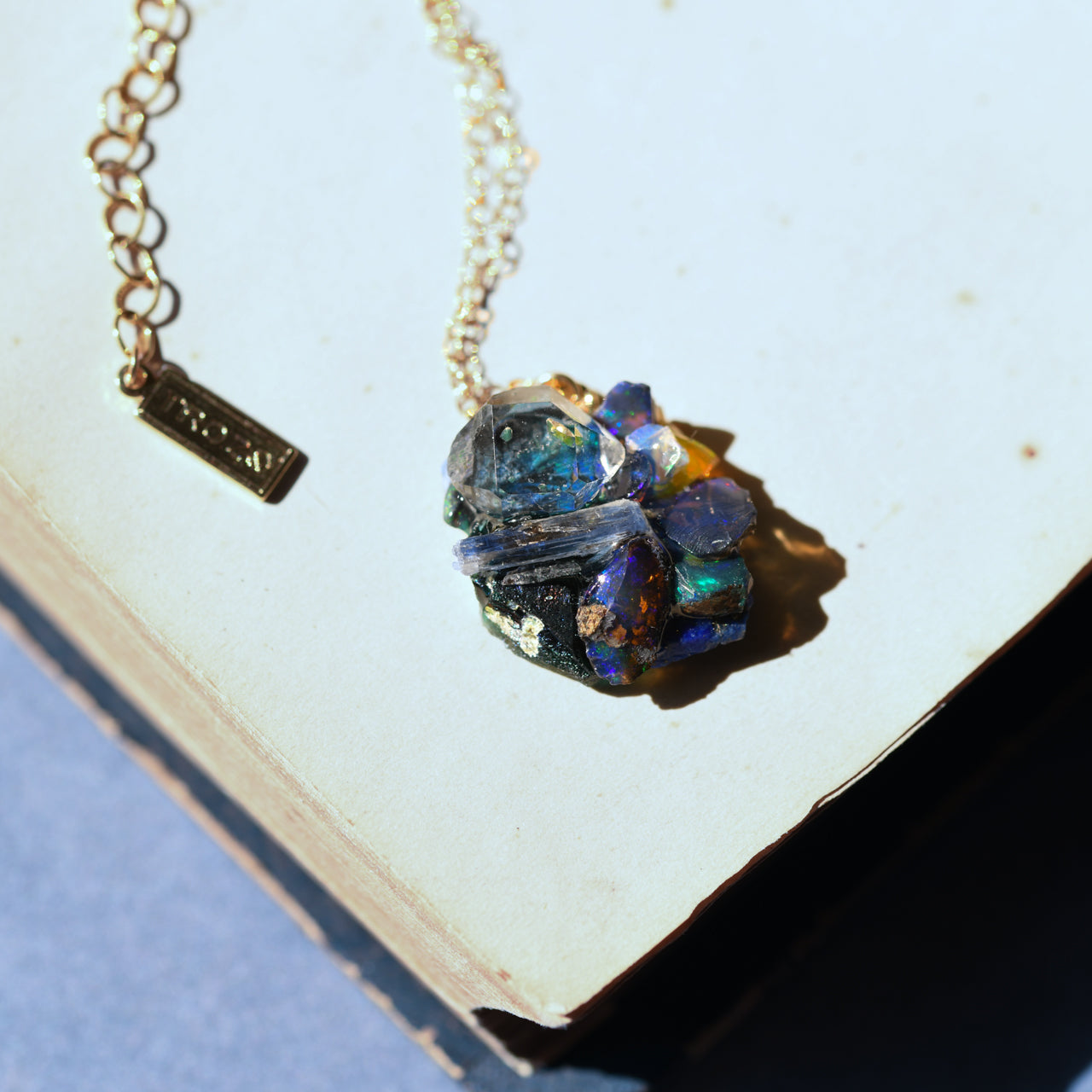 Oil-in-Quartz x Kyanite x Opal x Roman Glass x Lapis Lazuli Raw Stone 14KGF Necklace - One of a Kind - handmade natural mineral jewelry by TROZO, made in Japan (view 4)