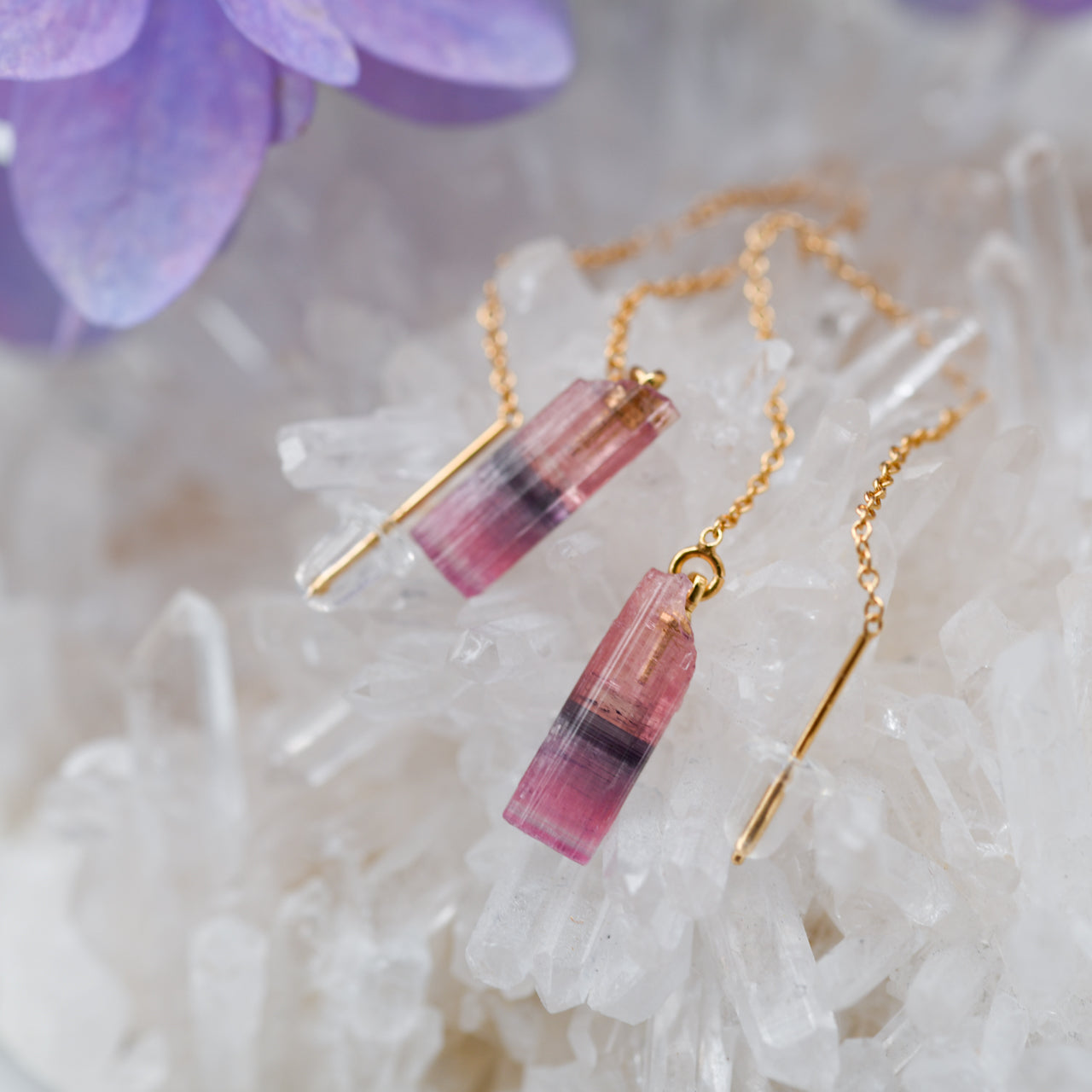 Tourmaline Raw Stone 14KGF Earrings - One of a Kind - handmade natural mineral jewelry by TROZO, made in Japan (view 2)