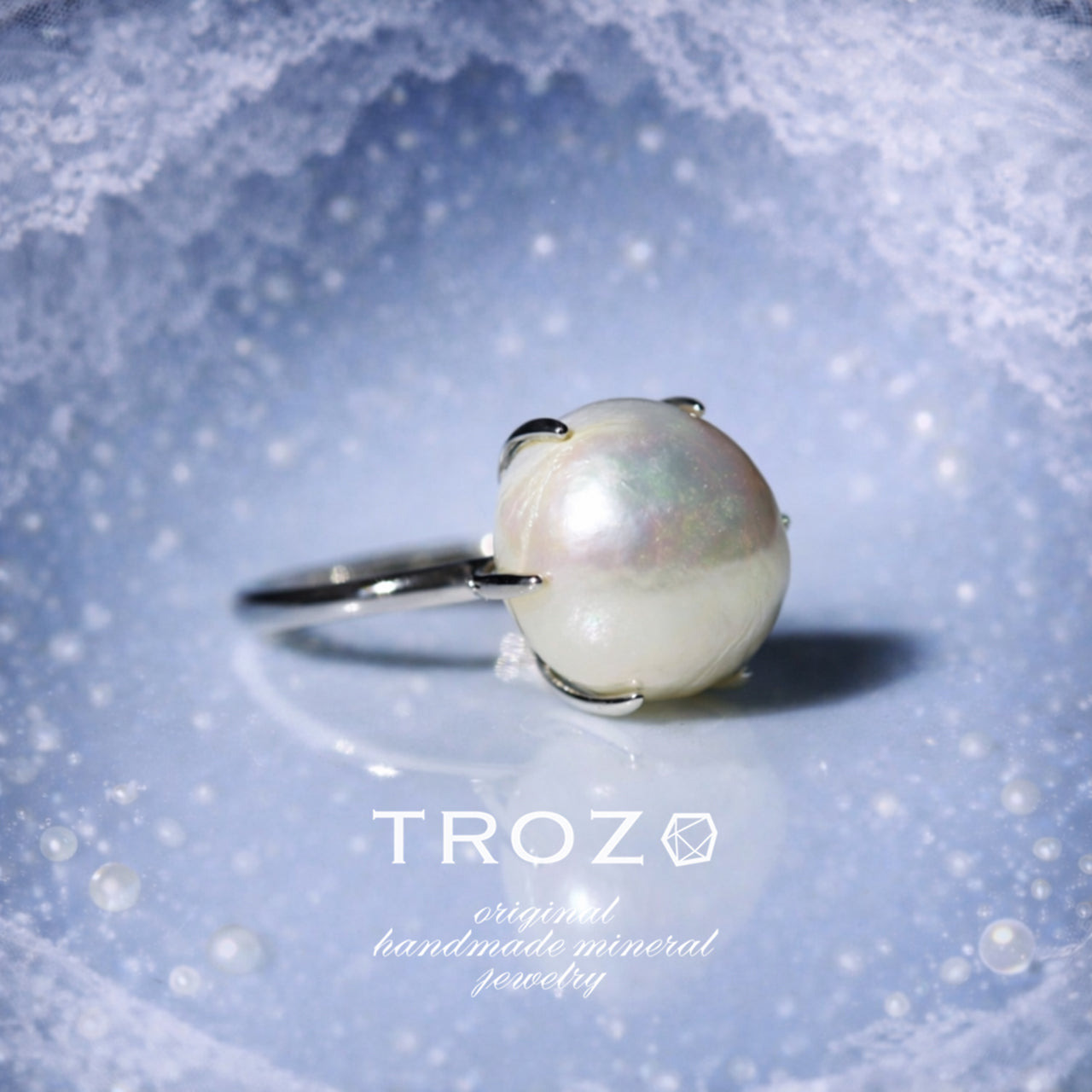 Pearl Raw Stone Ring - One of a Kind - handmade natural mineral jewelry by TROZO, made in Japan (view 1)