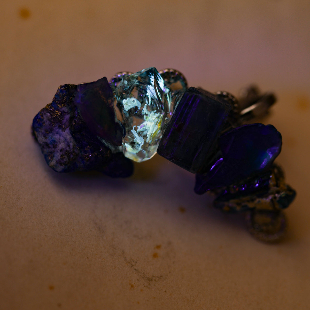 Oil-in-Quartz x Kyanite x Lapis Lazuli x Opal x Roman Glass Raw Stone Ear Cuff - One of a Kind - handmade natural mineral jewelry by TROZO, made in Japan (view 2)