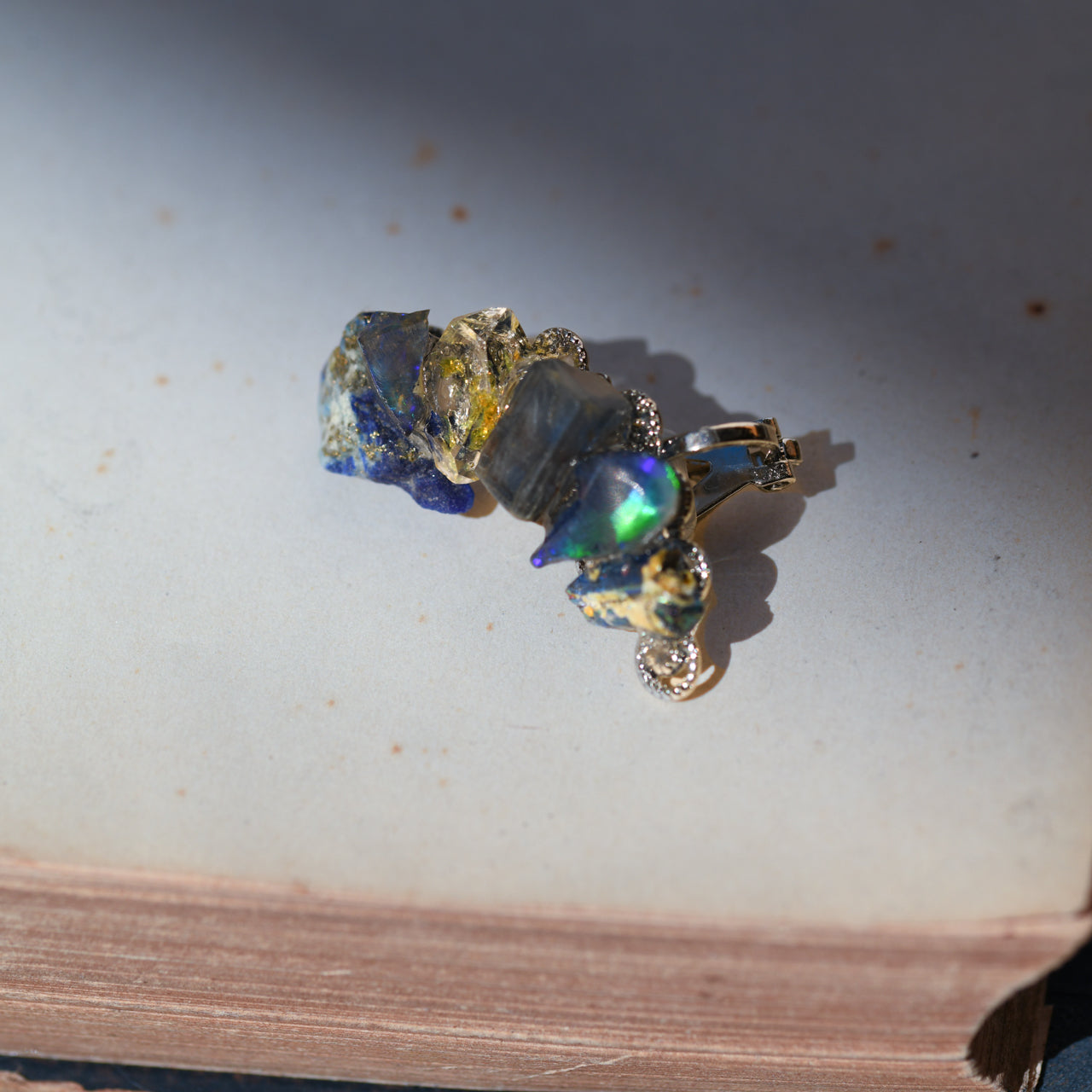 Oil-in-Quartz x Kyanite x Lapis Lazuli x Opal x Roman Glass Raw Stone Ear Cuff - One of a Kind - handmade natural mineral jewelry by TROZO, made in Japan (view 4)