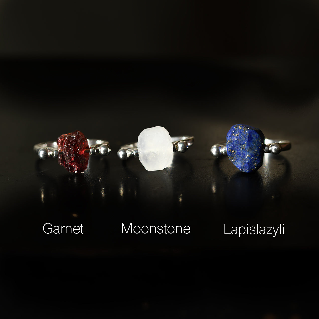 Pierced raw stone ring in 925 sterling silver — handmade natural mineral jewelry by TROZO, made in Japan
