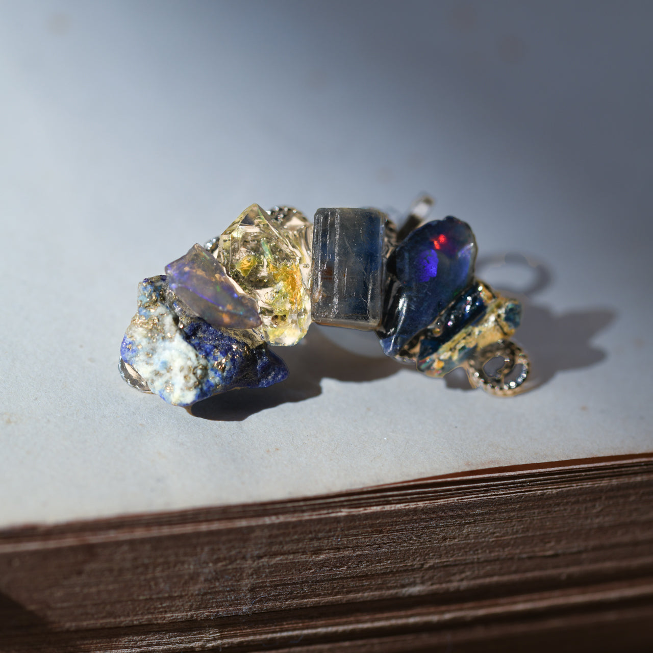 Oil-in-Quartz x Kyanite x Lapis Lazuli x Opal x Roman Glass Raw Stone Ear Cuff - One of a Kind - handmade natural mineral jewelry by TROZO, made in Japan (view 6)