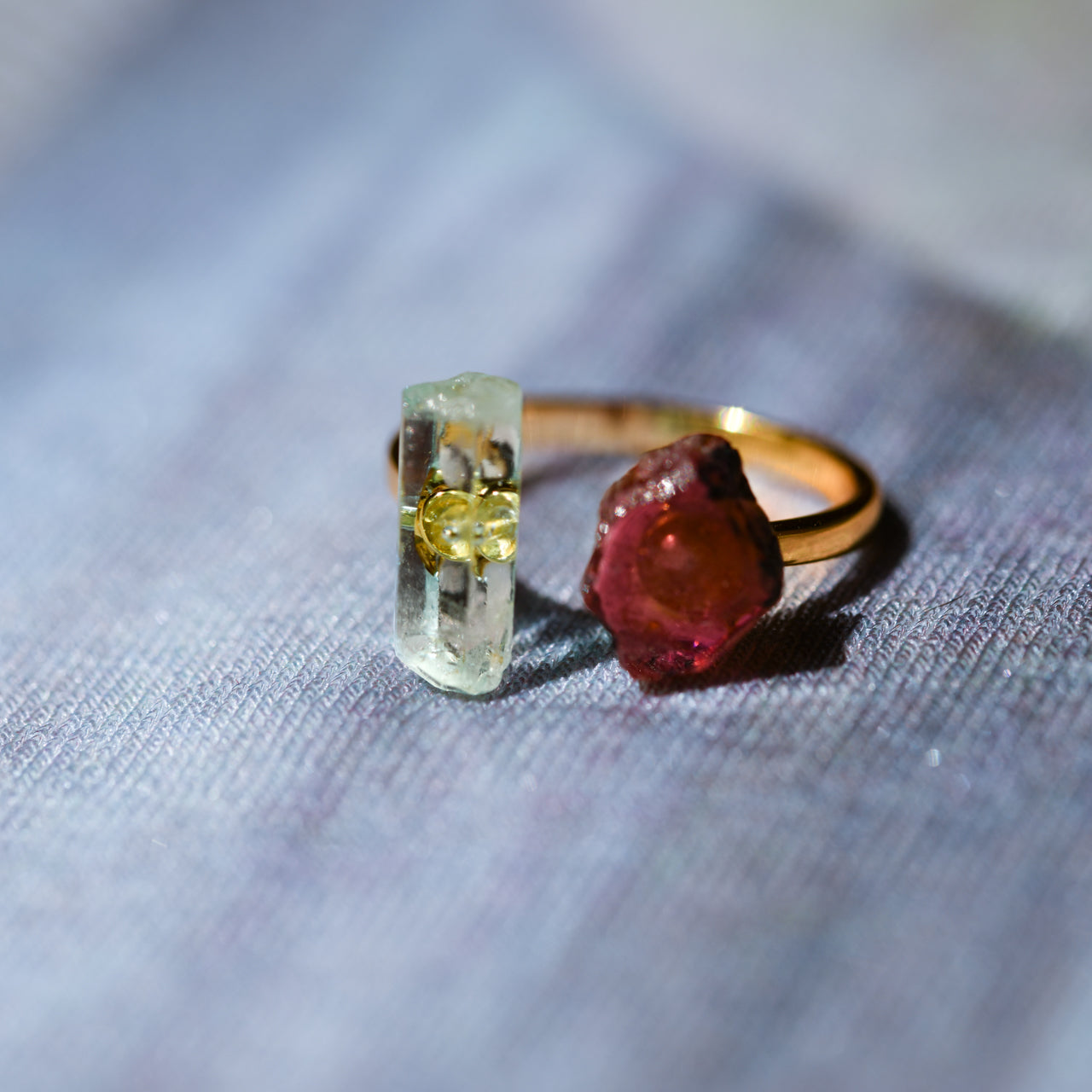 Emerald x Tourmaline Raw Stone Ring - One of a Kind - handmade natural mineral jewelry by TROZO, made in Japan (view 2)
