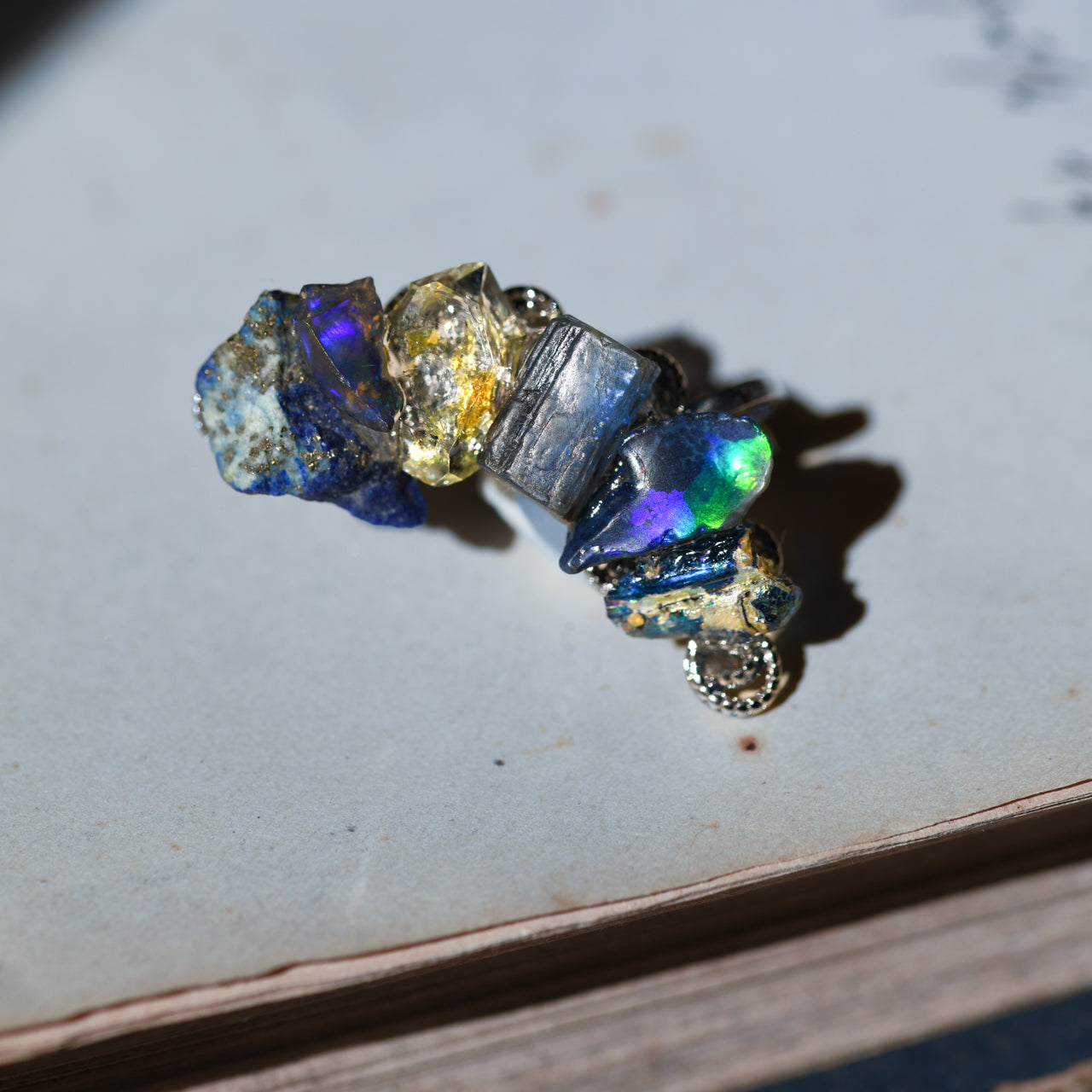 Oil-in-Quartz x Kyanite x Lapis Lazuli x Opal x Roman Glass Raw Stone Ear Cuff - One of a Kind - handmade natural mineral jewelry by TROZO, made in Japan (view 8)