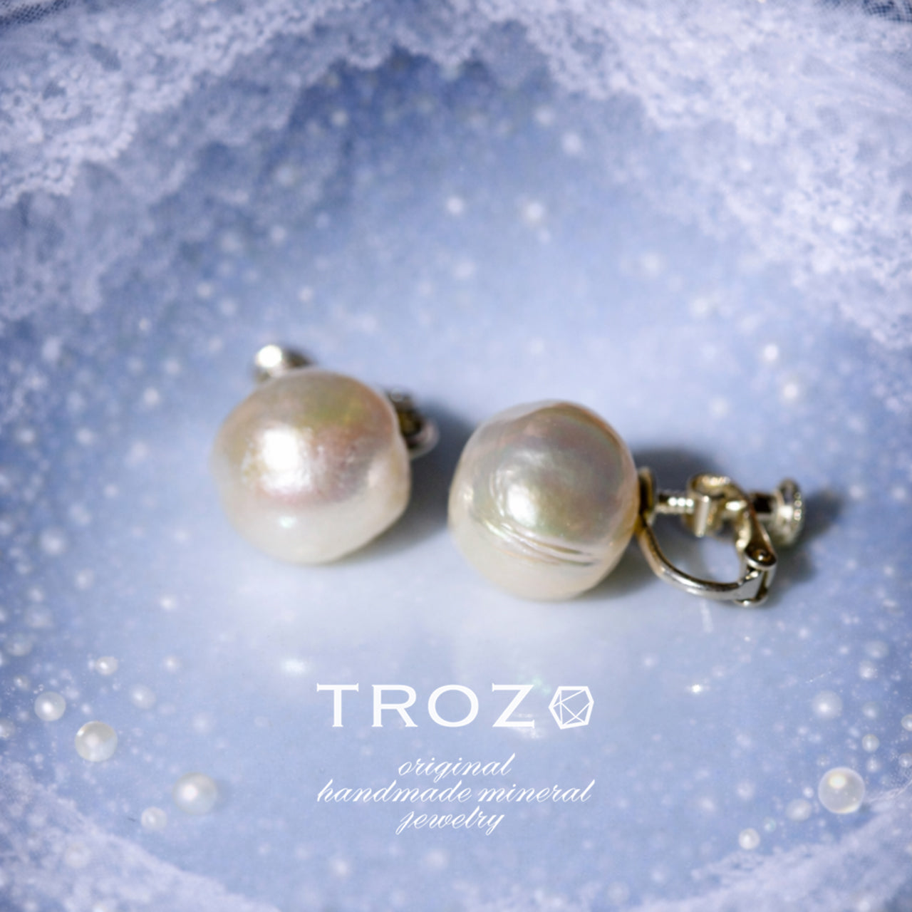 Pearl Raw Stone Clip-On Earrings - One of a Kind - handmade natural mineral jewelry by TROZO, made in Japan (view 1)