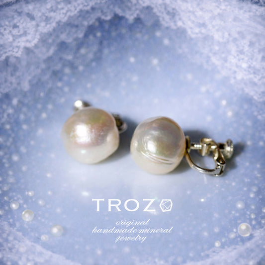 Pearl Raw Stone Clip-On Earrings - One of a Kind - handmade natural mineral jewelry by TROZO, made in Japan (view 1)