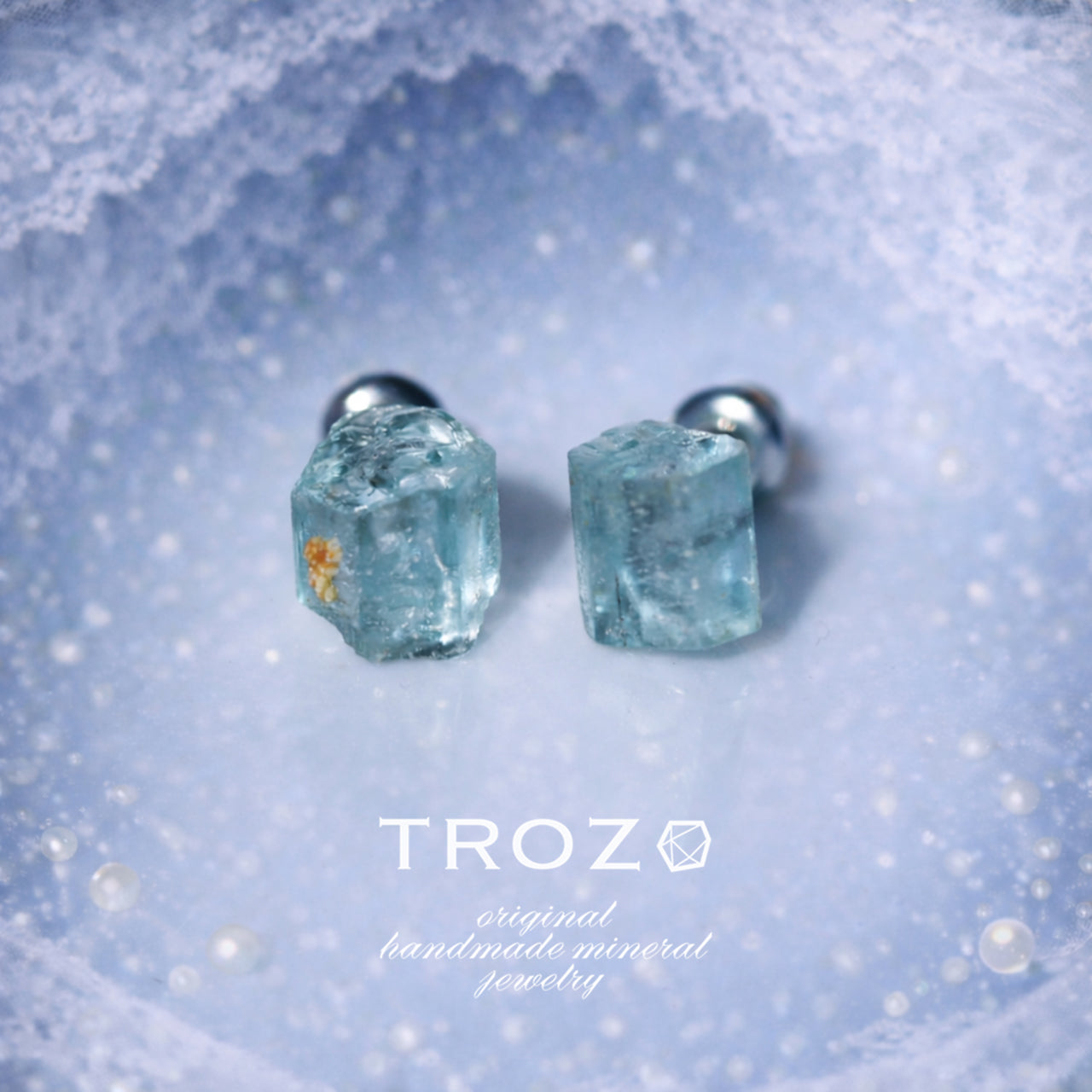 Aquamarine Raw Stone Earrings - One of a Kind - handmade natural mineral jewelry by TROZO, made in Japan (view 1)