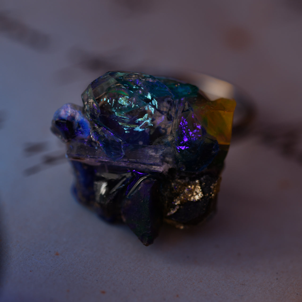 Oil-in-Quartz x Black Opal x Fluorite x Kyanite x Lapis Lazuli x Roman Glass x Opal Raw Stone Ring - One of a Kind - handmade natural mineral jewelry by TROZO, made in Japan (view 2)
