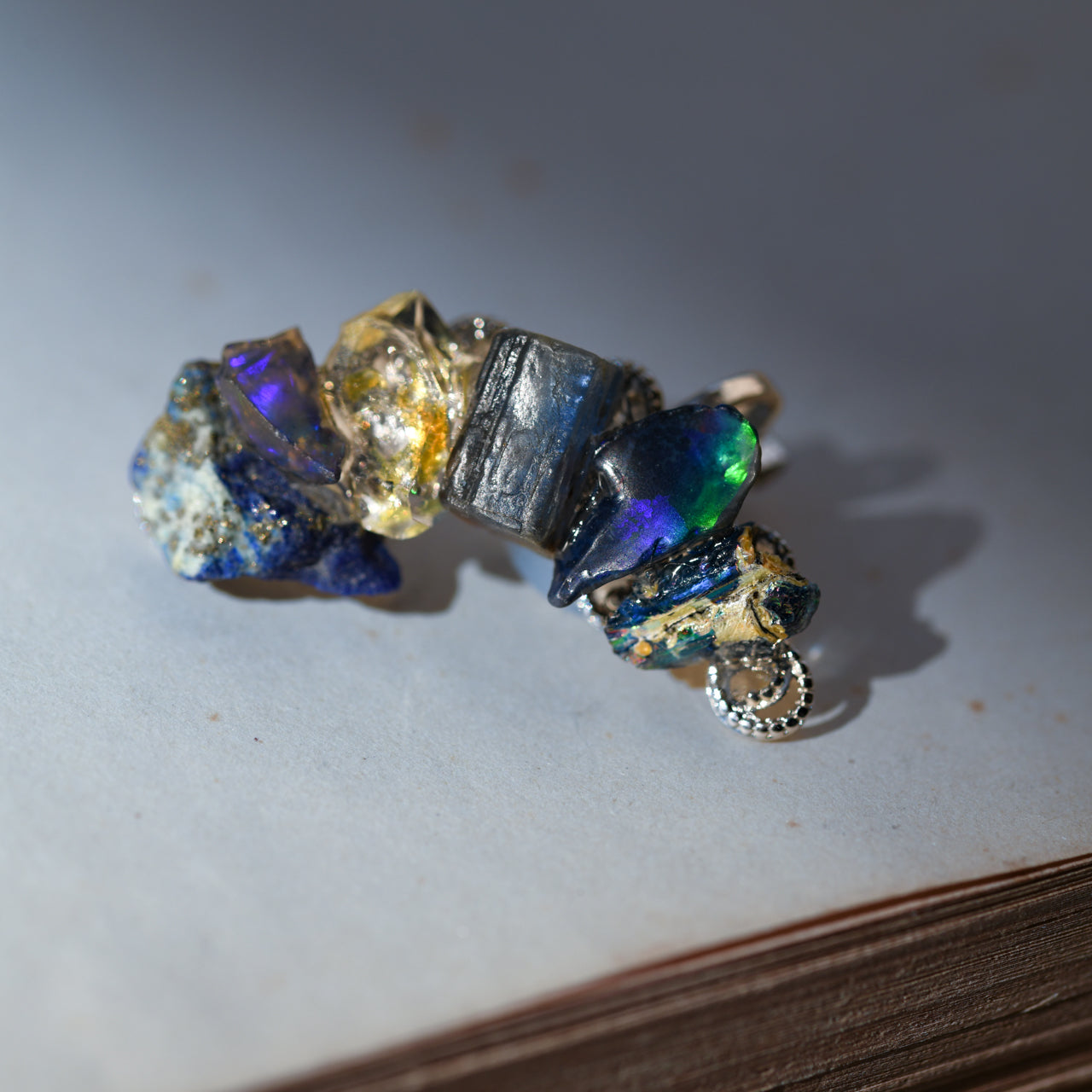 Oil-in-Quartz x Kyanite x Lapis Lazuli x Opal x Roman Glass Raw Stone Ear Cuff - One of a Kind - handmade natural mineral jewelry by TROZO, made in Japan (view 5)