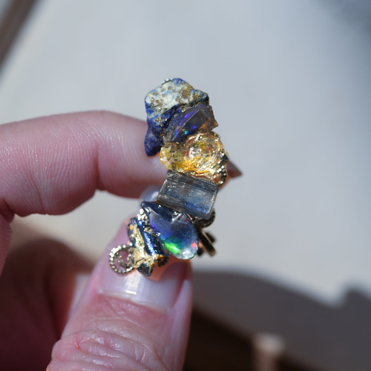 Oil-in-Quartz x Kyanite x Lapis Lazuli x Opal x Roman Glass Raw Stone Ear Cuff - One of a Kind - handmade natural mineral jewelry by TROZO, made in Japan (view 3)