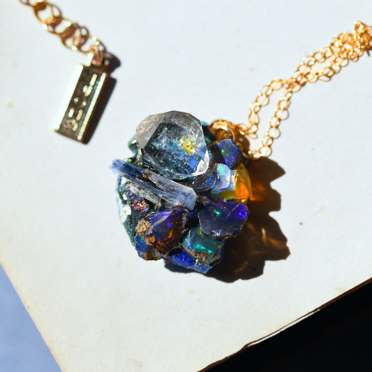 Oil-in-Quartz x Kyanite x Opal x Roman Glass x Lapis Lazuli Raw Stone 14KGF Necklace - One of a Kind - handmade natural mineral jewelry by TROZO, made in Japan (view 2)