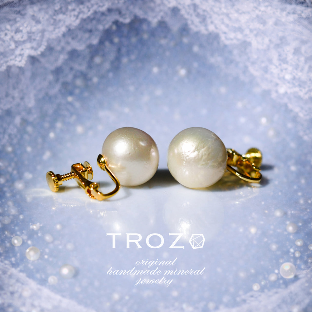 Pearl Raw Stone Clip-On Earrings - One of a Kind - handmade natural mineral jewelry by TROZO, made in Japan (view 1)