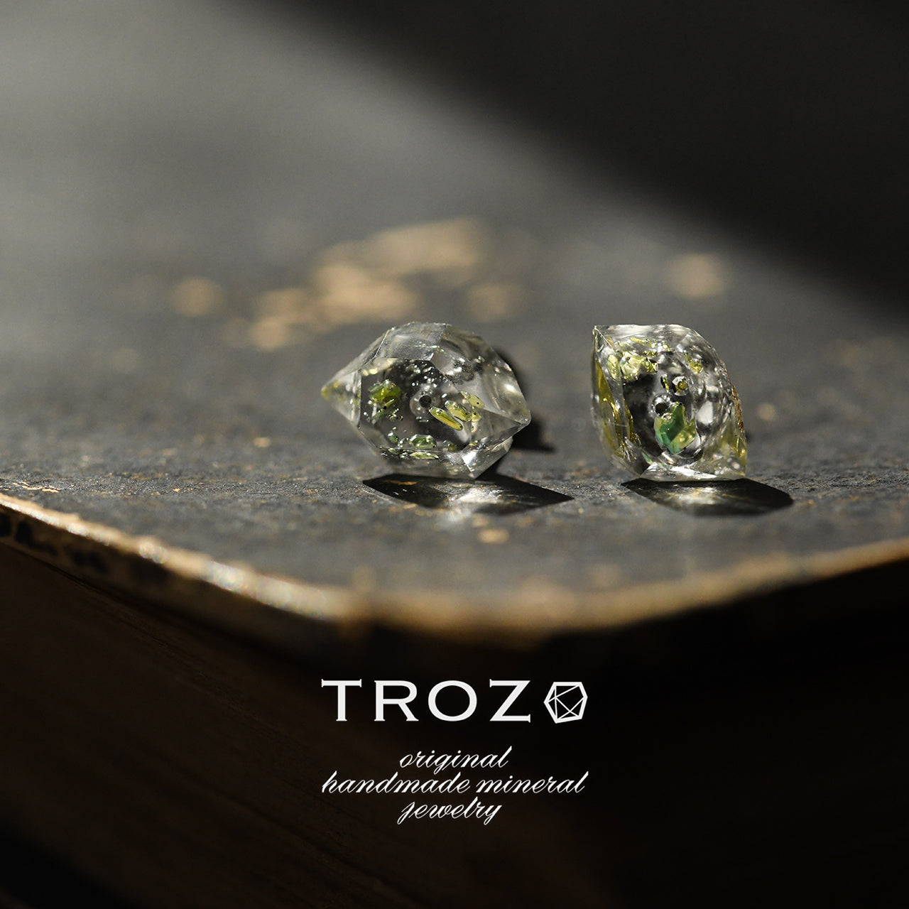 Oil-in-Quartz Raw Stone Earrings - One of a Kind - handmade natural mineral jewelry by TROZO, made in Japan (view 1)