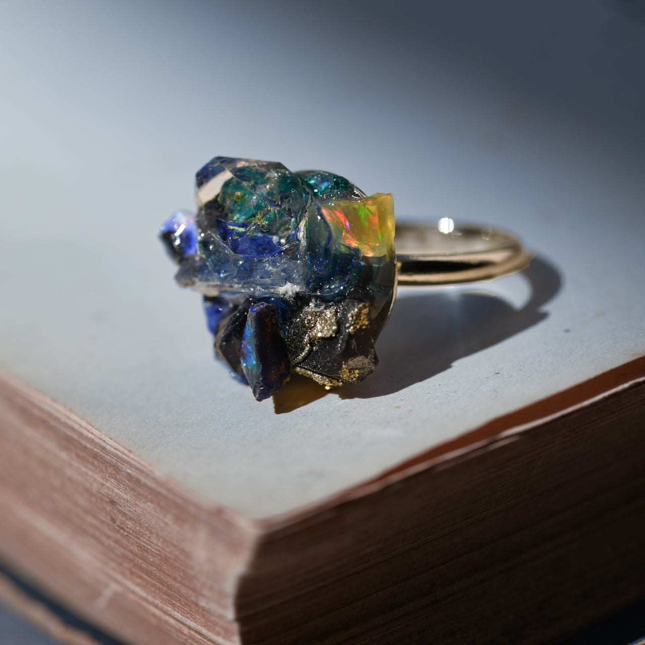 Oil-in-Quartz x Black Opal x Fluorite x Kyanite x Lapis Lazuli x Roman Glass x Opal Raw Stone Ring - One of a Kind - handmade natural mineral jewelry by TROZO, made in Japan (view 4)