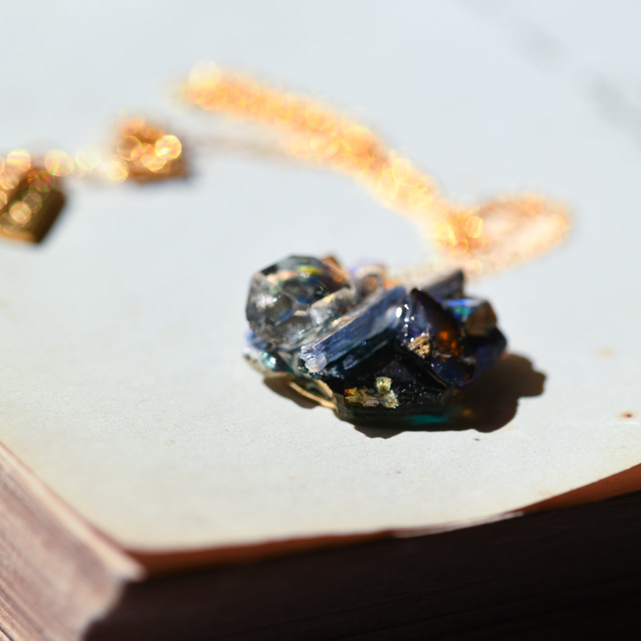 Oil-in-Quartz x Kyanite x Opal x Roman Glass x Lapis Lazuli Raw Stone 14KGF Necklace - One of a Kind - handmade natural mineral jewelry by TROZO, made in Japan (view 5)