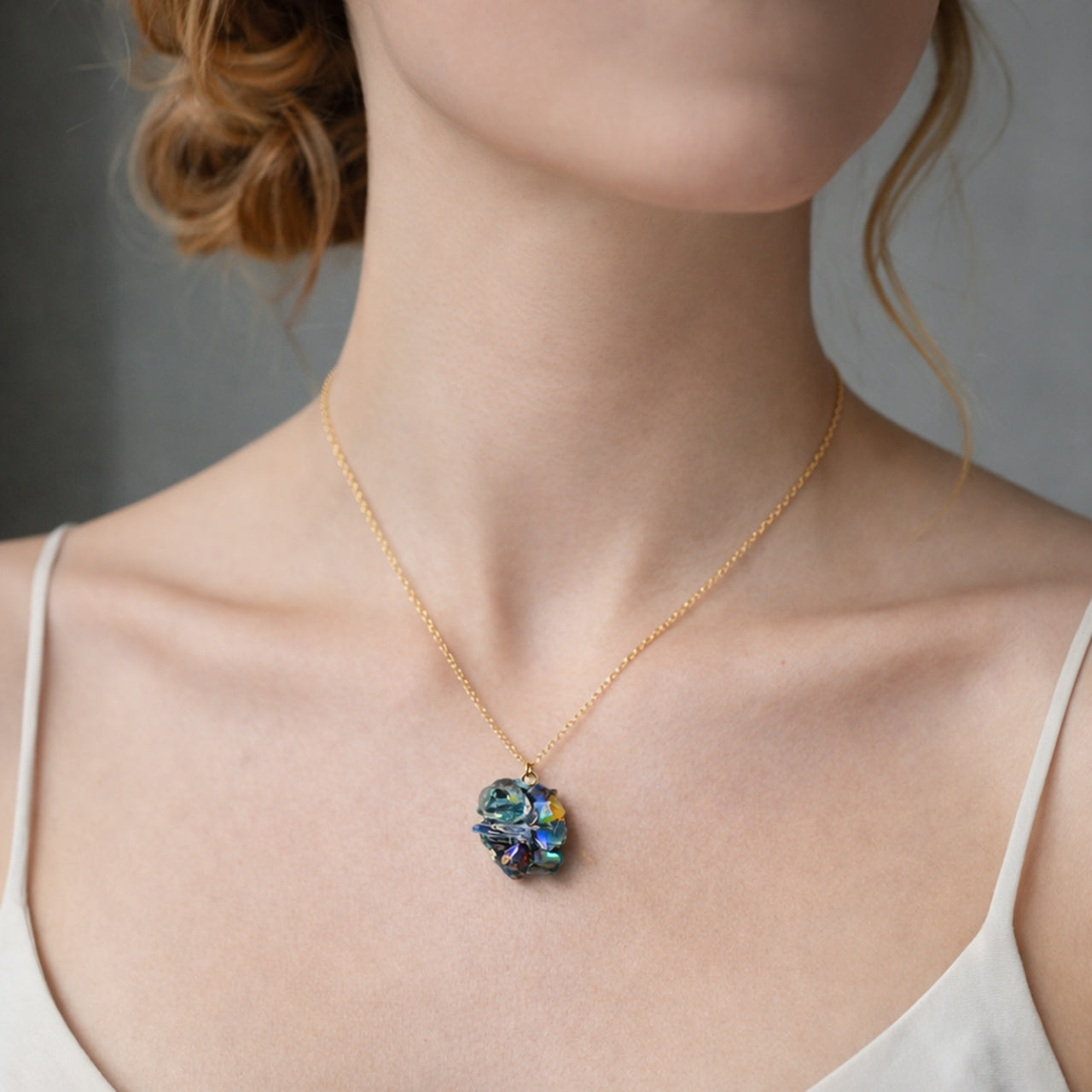 Oil-in-Quartz x Kyanite x Opal x Roman Glass x Lapis Lazuli Raw Stone 14KGF Necklace - One of a Kind - handmade natural mineral jewelry by TROZO, made in Japan (view 9)