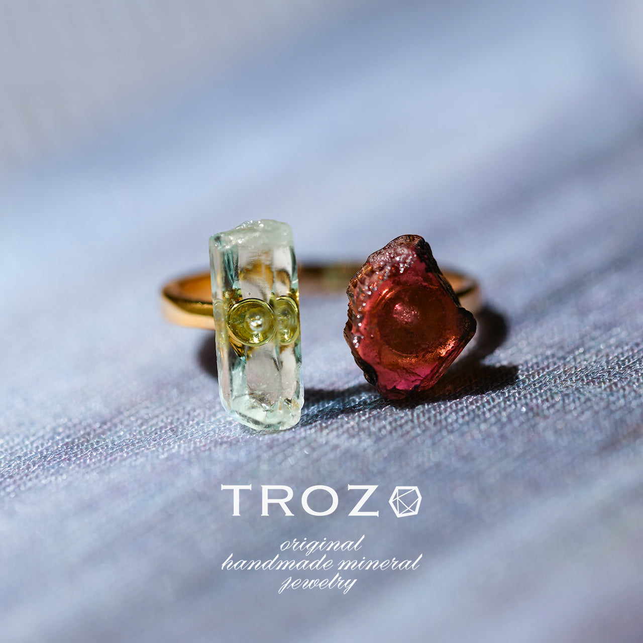 Emerald x Tourmaline Raw Stone Ring - One of a Kind - handmade natural mineral jewelry by TROZO, made in Japan (view 1)
