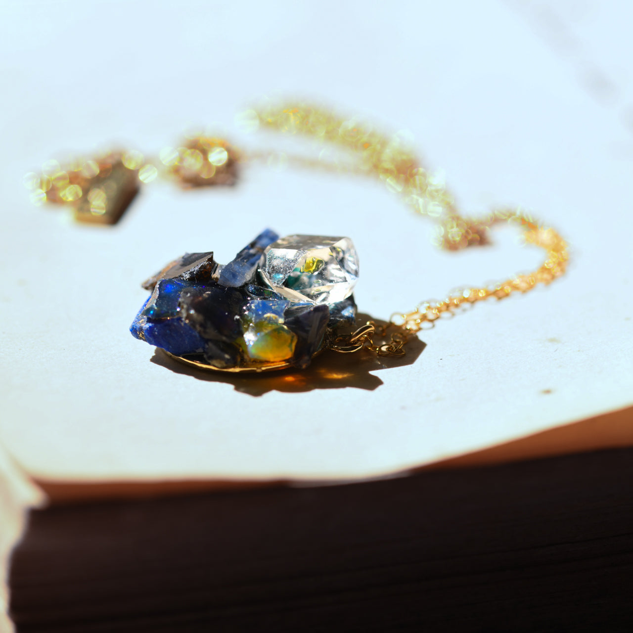Oil-in-Quartz x Kyanite x Opal x Roman Glass x Lapis Lazuli Raw Stone 14KGF Necklace - One of a Kind - handmade natural mineral jewelry by TROZO, made in Japan (view 7)