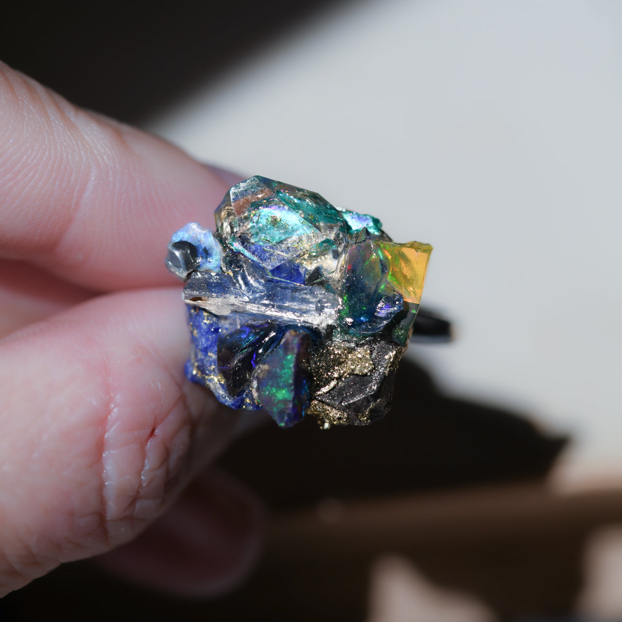 Oil-in-Quartz x Black Opal x Fluorite x Kyanite x Lapis Lazuli x Roman Glass x Opal Raw Stone Ring - One of a Kind - handmade natural mineral jewelry by TROZO, made in Japan (view 6)