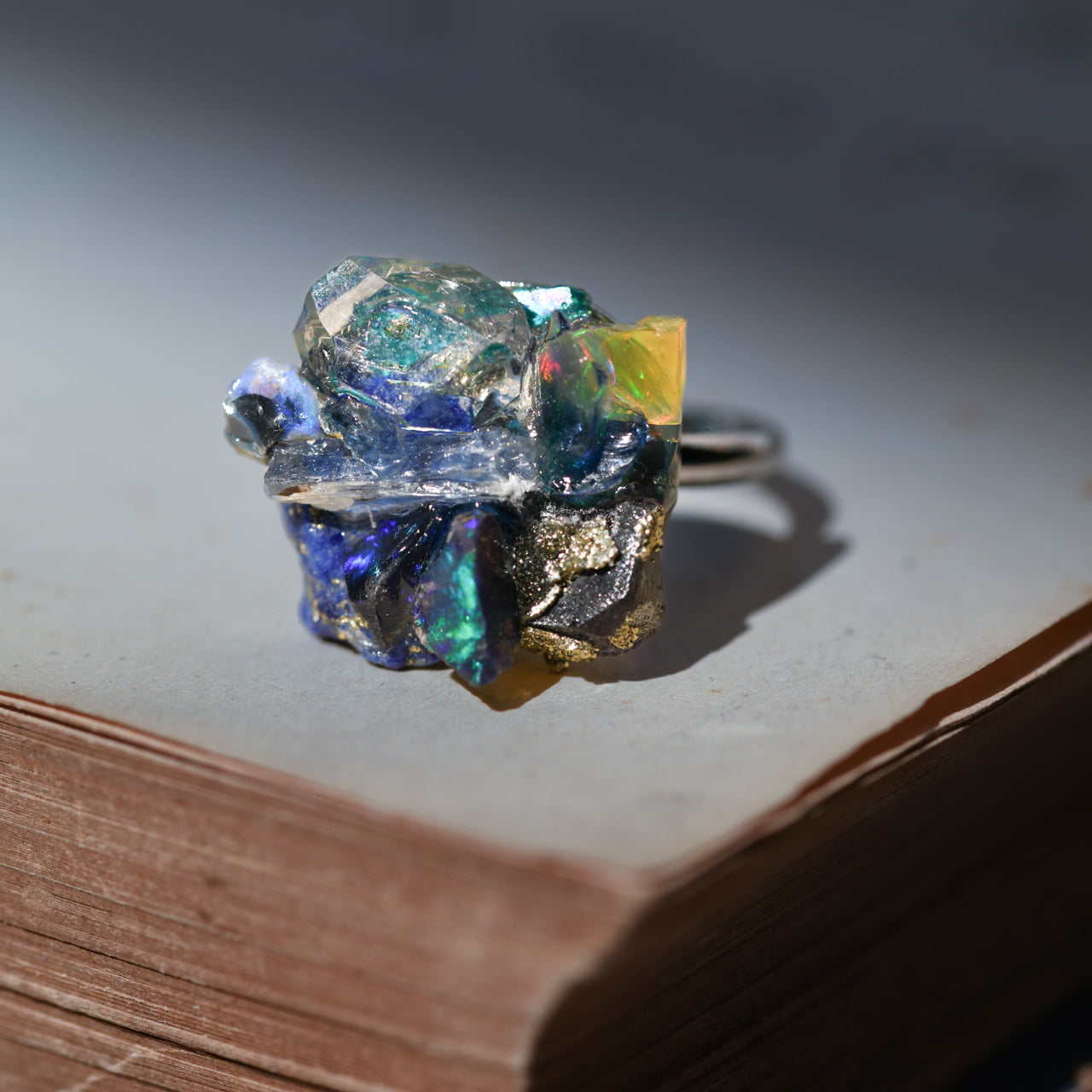 Oil-in-Quartz x Black Opal x Fluorite x Kyanite x Lapis Lazuli x Roman Glass x Opal Raw Stone Ring - One of a Kind - handmade natural mineral jewelry by TROZO, made in Japan (view 3)
