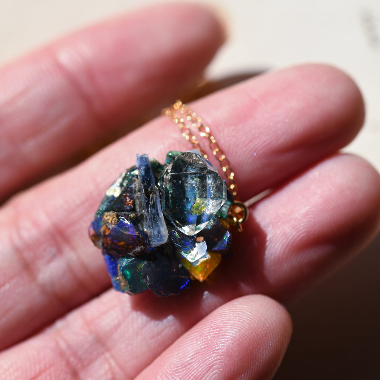 Oil-in-Quartz x Kyanite x Opal x Roman Glass x Lapis Lazuli Raw Stone 14KGF Necklace - One of a Kind - handmade natural mineral jewelry by TROZO, made in Japan (view 3)
