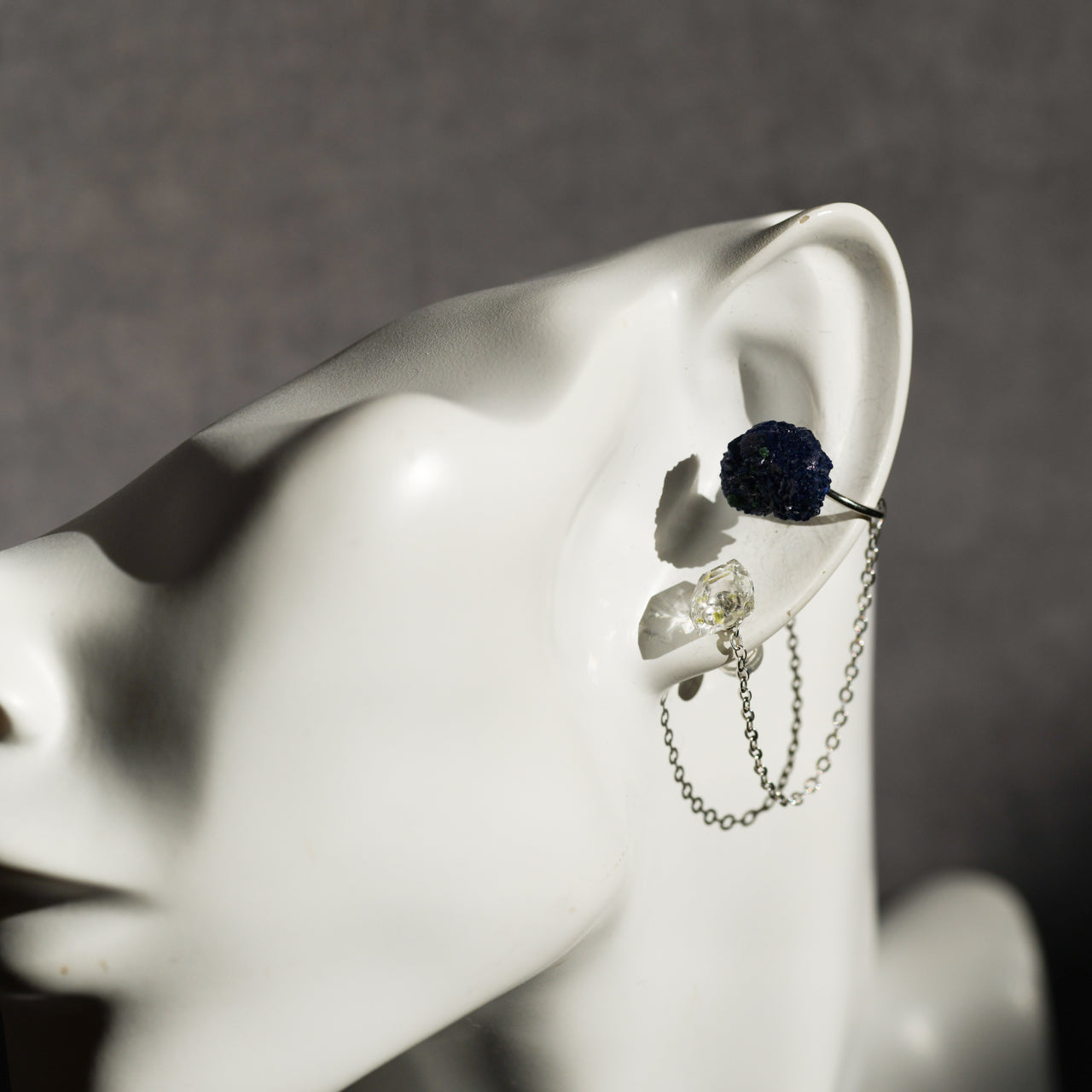 Oil-in-Quartz x Azurite Raw Stone Ear Cuff & Earrings - One of a Kind - handmade natural mineral jewelry by TROZO, made in Japan (view 8)