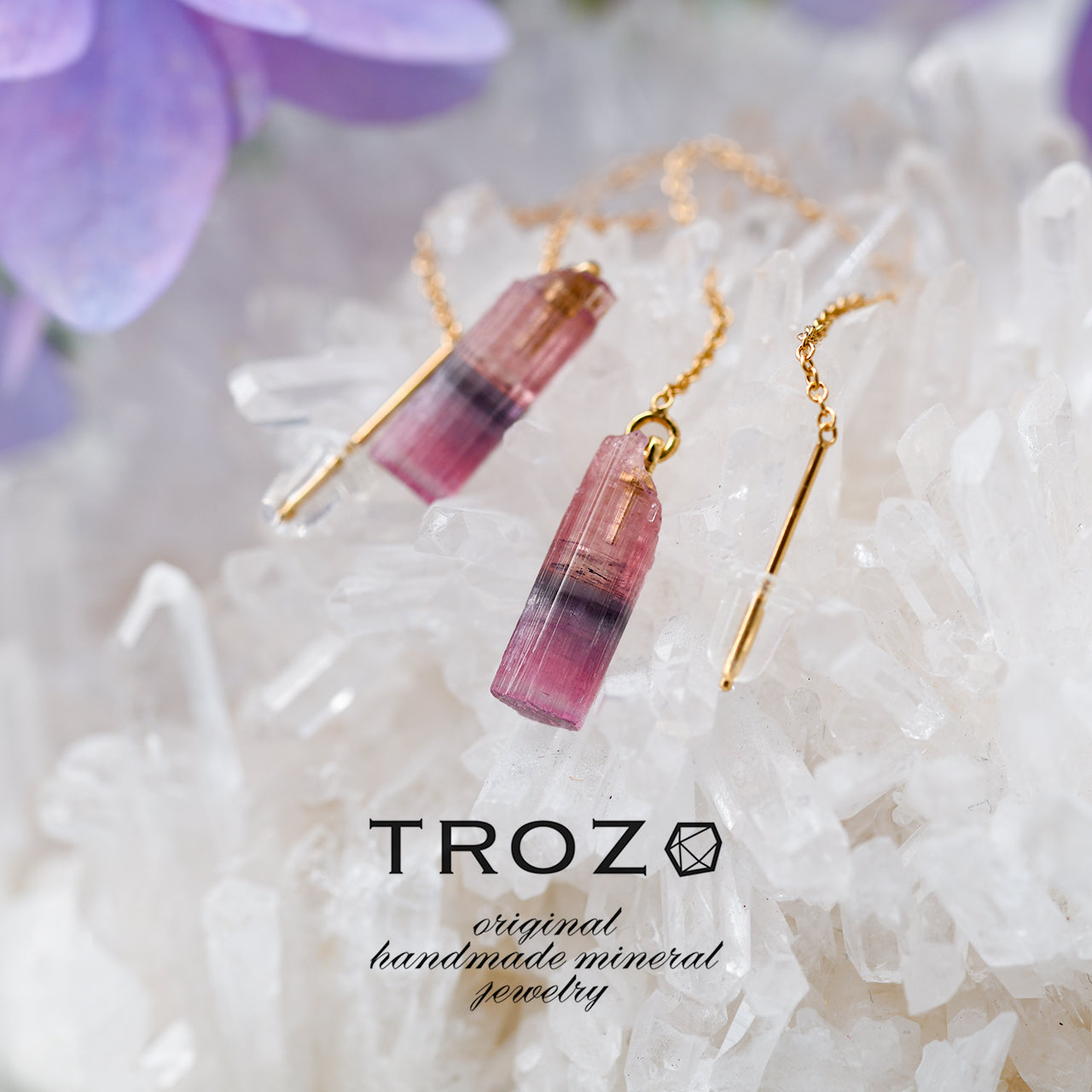 Tourmaline Raw Stone 14KGF Earrings - One of a Kind - handmade natural mineral jewelry by TROZO, made in Japan (view 1)