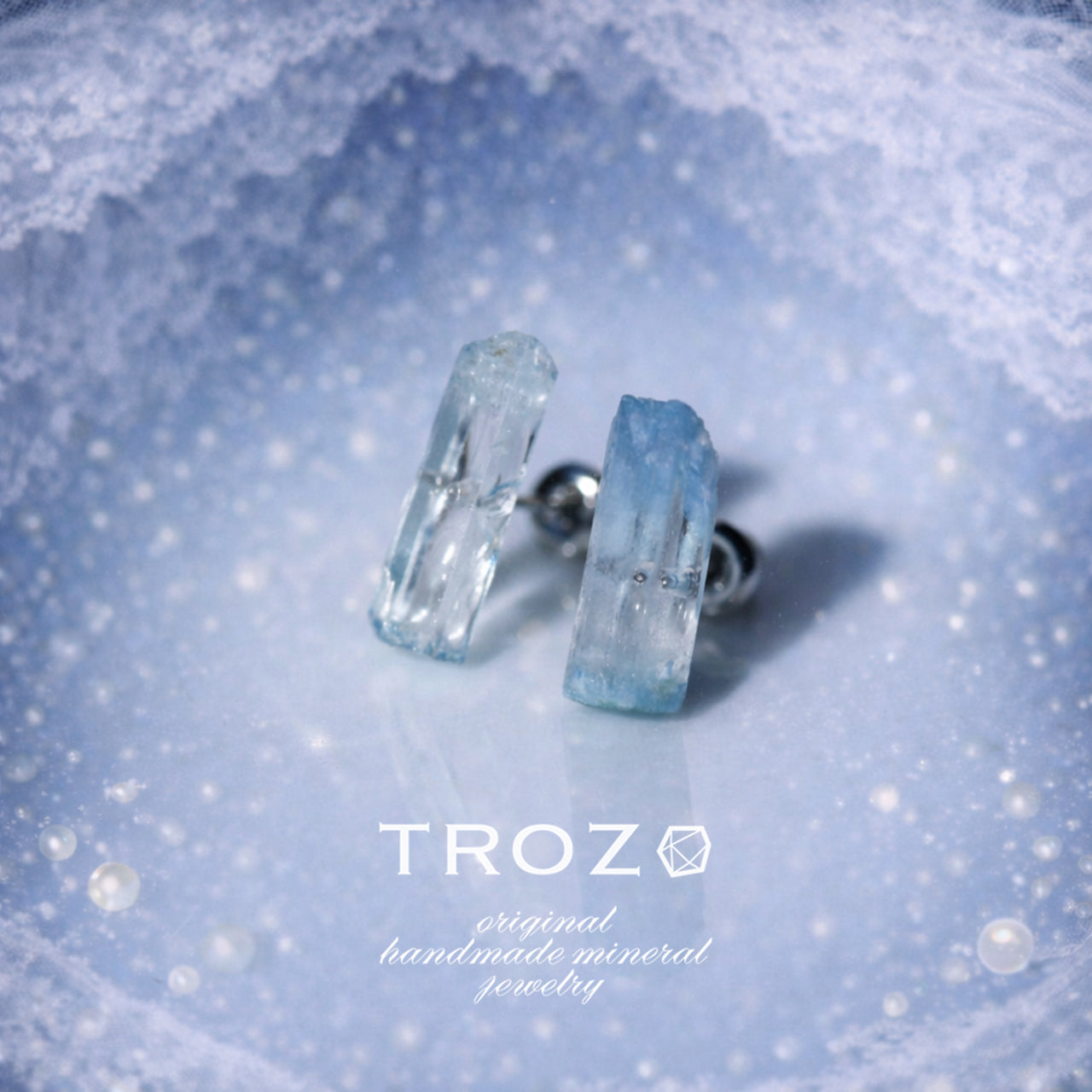 Aquamarine Raw Stone Earrings - One of a Kind - handmade natural mineral jewelry by TROZO, made in Japan (view 1)