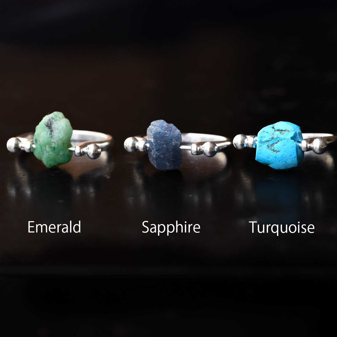 Pierced raw stone ring in 925 sterling silver — handmade natural mineral jewelry by TROZO, made in Japan
