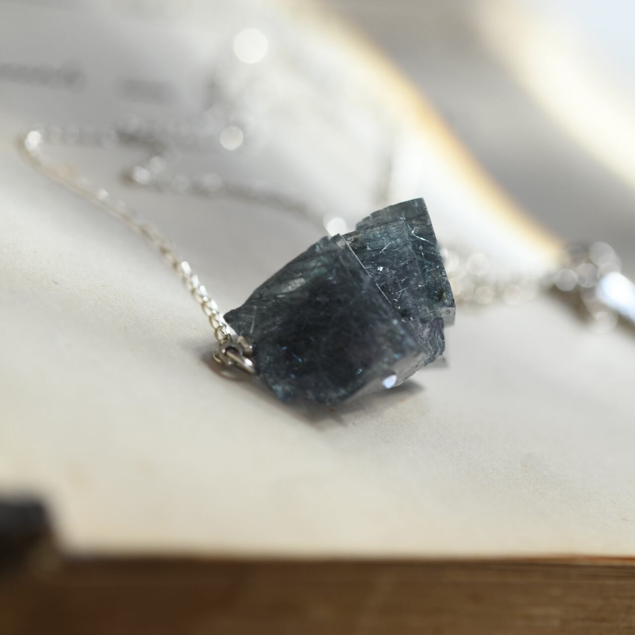 [One of a kind] Fluorite Raw Stone Sterling Silver Necklace | Handmade Natural Stone Jewelry [Black Majic Collection]