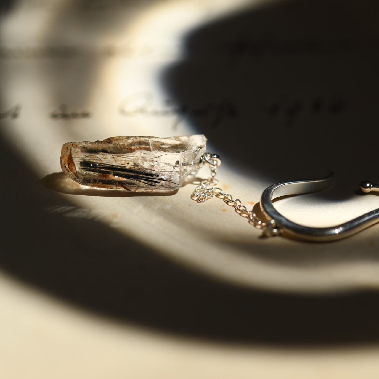 [One of a kind] Black Rutilated Quartz Raw Stone Sterling Silver Ear Cuff | Handmade Natural Stone Jewelry [Black Majic Collection]