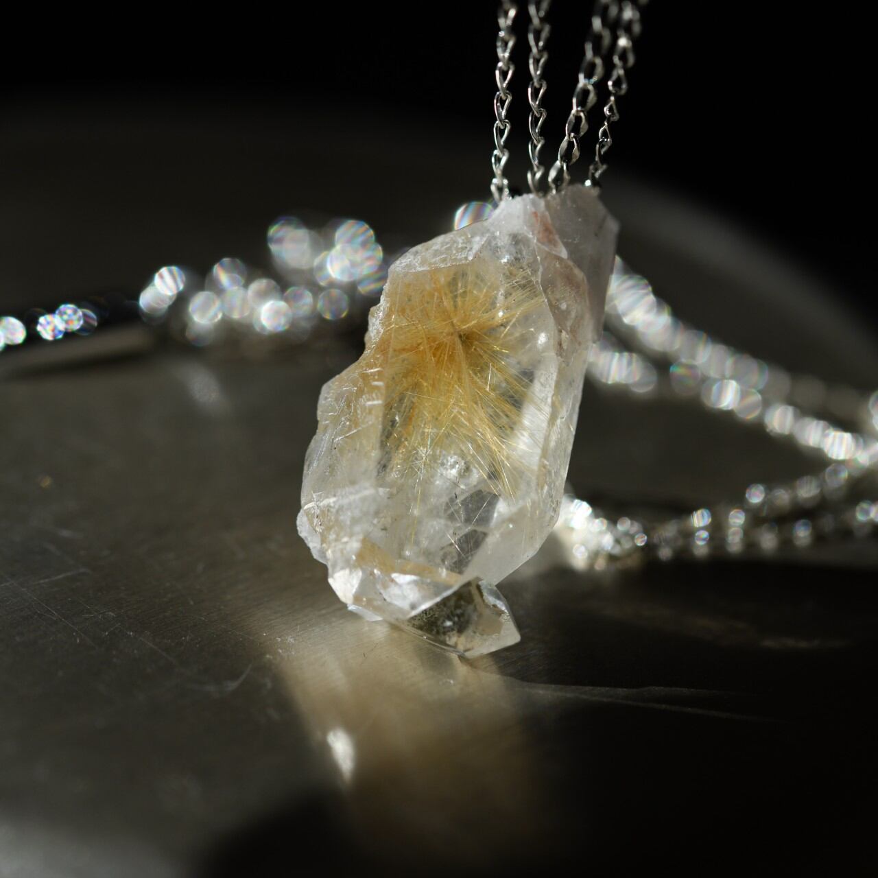 [One of a kind] Rutile Quartz Raw Stone Sterling Silver Necklace | Handmade Natural Stone Jewelry [Stay Gold Collection]