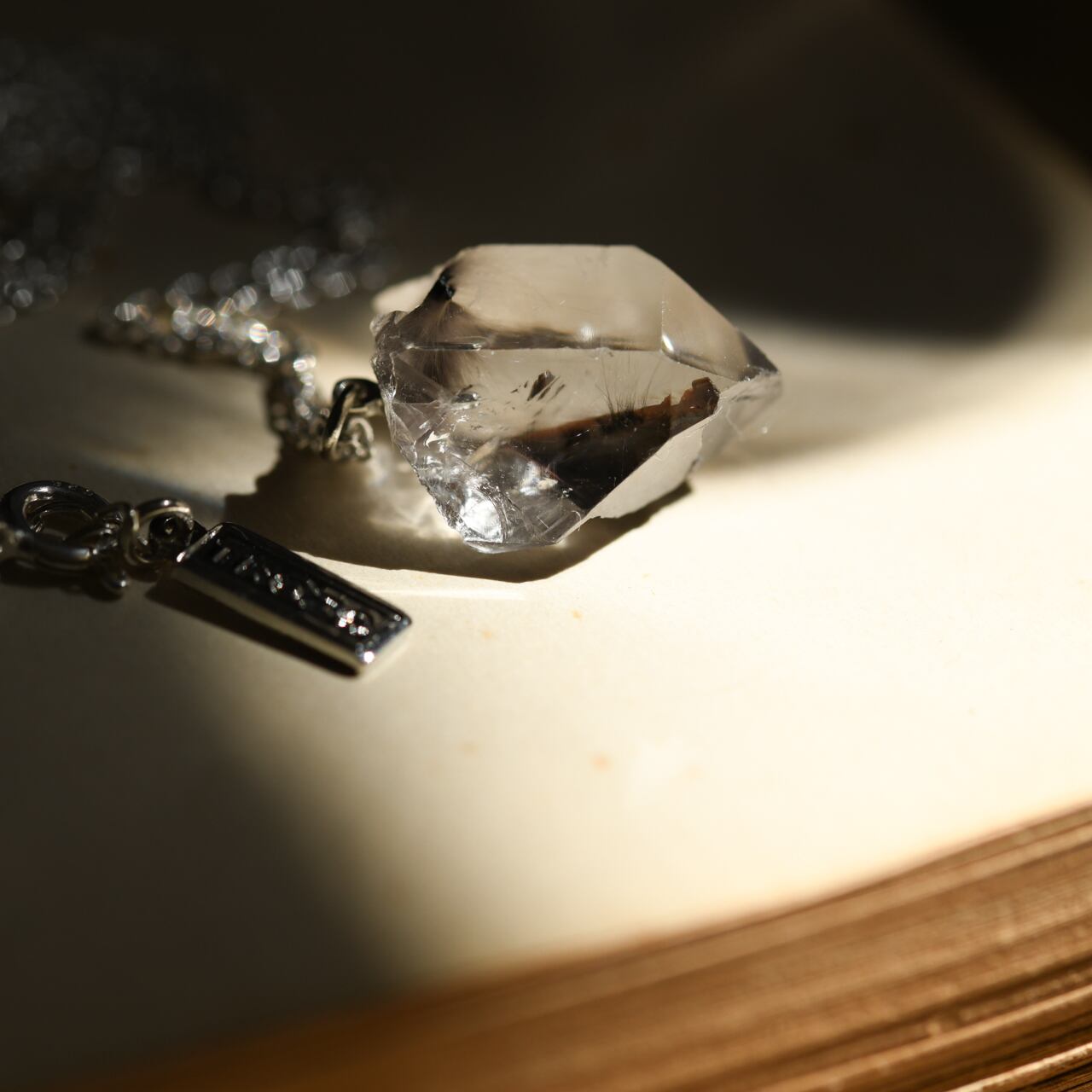 [One of a kind] Brookite in Quartz Raw Stone Sterling Silver Necklace | Handmade Natural Stone Jewelry [Black Majic Collection]