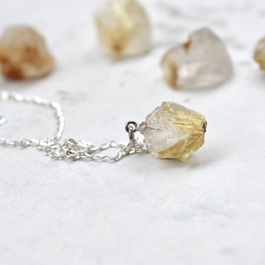 Gold Rutile Quartz Raw Stone Necklace | Handmade Natural Stone Jewelry