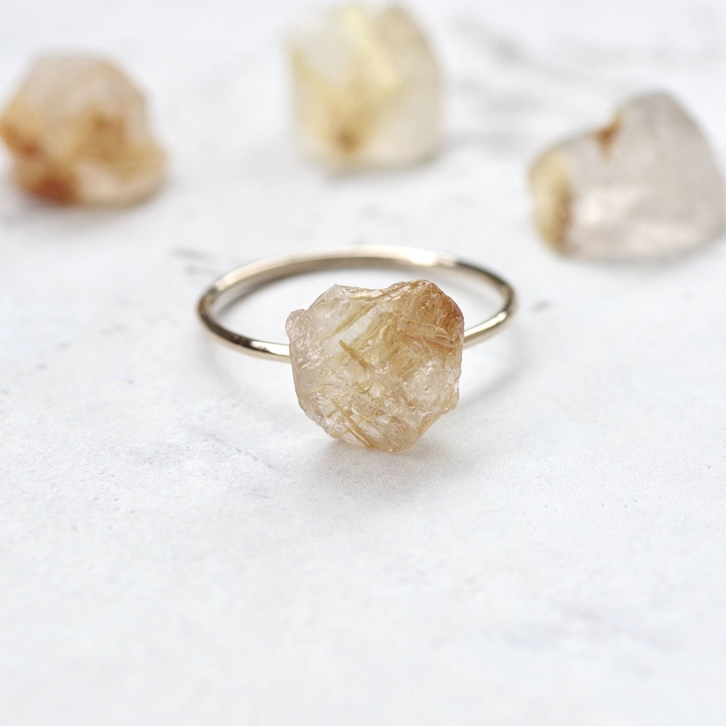 Gold Rutile Quartz Raw Stone Ring | Handmade Natural Stone Jewelry