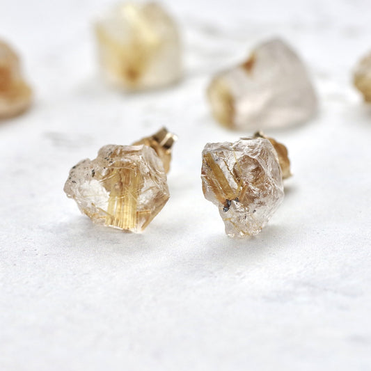 Gold Rutile Quartz Raw Stone Earrings | Handmade Natural Stone Jewelry